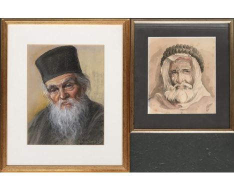 Dawn Waring, 'Orthodox Priest', pastel on paper, signed lower right, 27x20.5cm; together with a watercolour of a Middle Easte