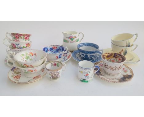 A selection of china cups and saucers including Shelley (3), Crescent (1), Staffordshire (2), Royal Stafford (1), Spode (2), 