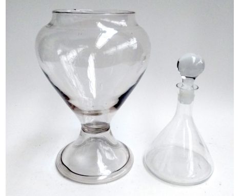 A large glass vase, hand blown with folded foot, 34cmH, together with a glass decanter, 28cmH with stopper