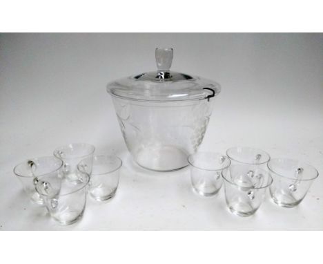 A lidded etched glass punch bowl with grape design, together with eight etched cups