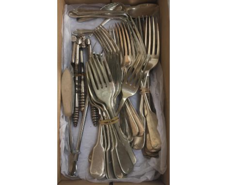 A mixed lot of EPNS flatware, together with three silver teaspoons, a small silver fruit fork, and one more silver teaspoon (