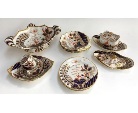 A selection of early Spode Imari ceramics, pattern 2214, some as found, to include three plates 21.5cmD, three scallop dishes