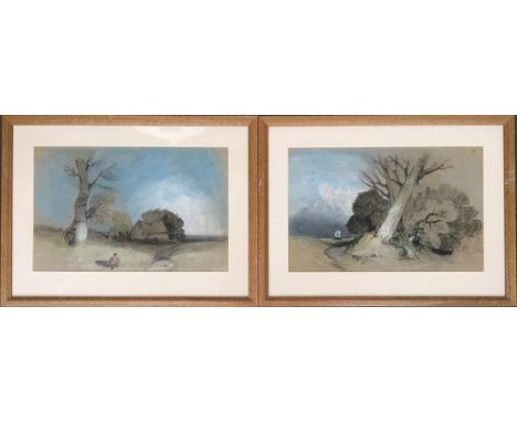 A pair of charcoal and pastel drawings of coastal scenes with dead tree in foreground, each 26.5x41.5cm 