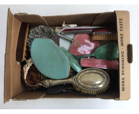 A box of hair brushes, fan, gilt metal items and a trinket box, etc