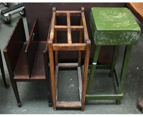 A mahogany Canterbury on square tapered legs and spayed feet; an oak stick stand; a green painted high stool 
