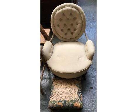 A button back bedroom chair, together with an upholstered footstool 