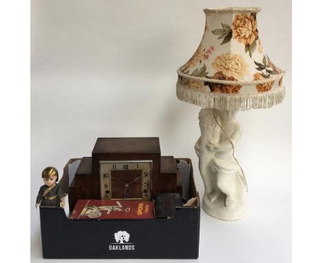 A small lot to include an oak case art deco mantel clock, figural table lamp; together with two Doctor Who LPs 