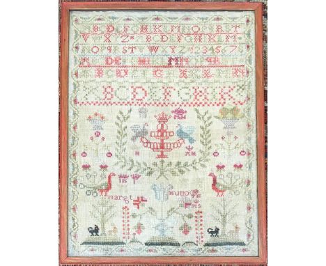A 19th century sampler, the alphabet above birds and plants, 41.5x31cm 