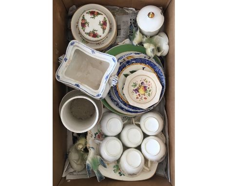 A mixed box of ceramics to include several German songbird figurines, a Royal Albert trinket box and various teawares 