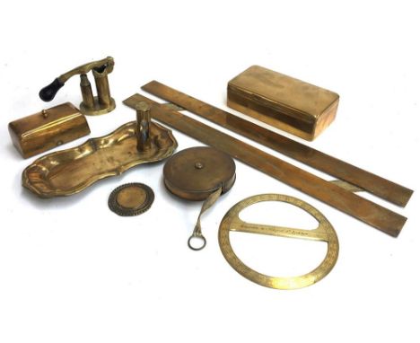 Several brass items to include a surveyors tape, nautical brass sand timer, paperweights, cigar box and brass protractor by E