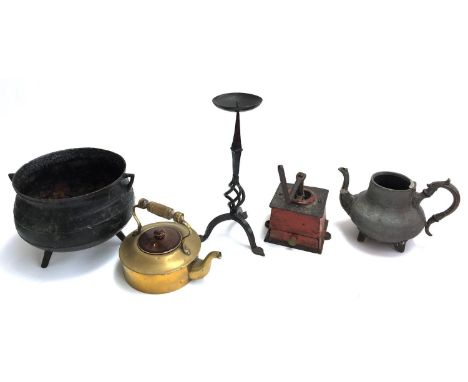 A 19th century coffee grinder in need of some restoration, brass kettle, pewter kettle, wrought iron candlestick, and cast ir