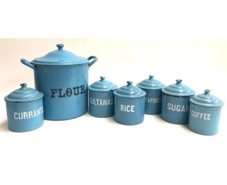 Seven vintage blue enamel lidded kitchen jars, the largest marked 'Flour', 29cmH, five marked 'Sugar', 'Tapioca', 'Currants',