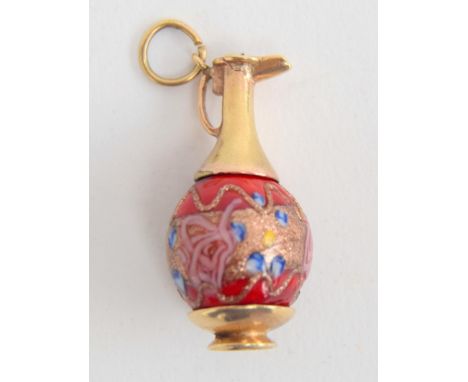 9ct gold pitcher charm decorated with enamel, makers mark possibly BL, hallmark not clear, gross weight 7.9g, size approx 1.5