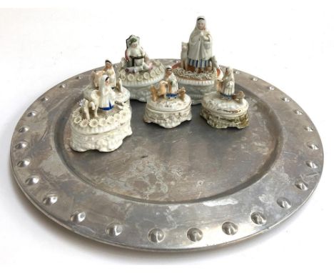 An Arts &amp; Crafts tray together with six porcelain trinket boxes with lids 