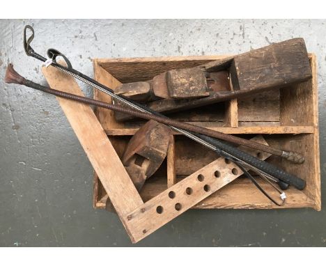 Two vintage wooden planes, wooden square, wooden trug and three horse whips 