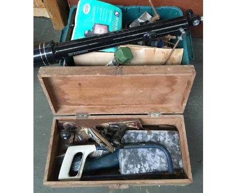 A green box of various tools including vices, together with a wooden box containing hand plane and Black &amp; Decker electri