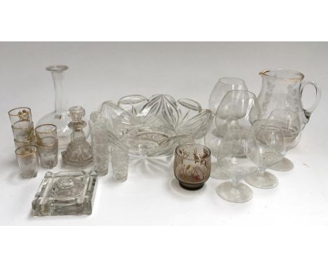 A cut glass fruit bowl with scalloped edge; glass scent bottle; glass decanter; various shot glasses; brandy bloom glasses; g