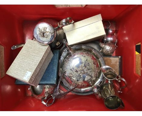 A quantity of assorted silver-plated items comprising teapots, a tray, tankards, goblets and a small collection of flatware e