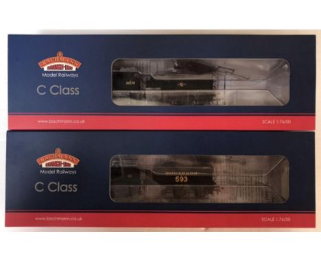 Two Bachmann "OO" gauge model railway engines. C Class A593, 31-464, Southern Lined Black and C Class 31579, 31-465, BR Black