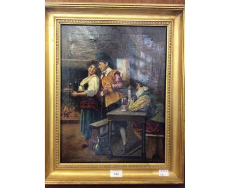 20th Century School.  a Romantic early 17th century interior tavern scene with figures, indistinctly signed, oil on canvas, 4