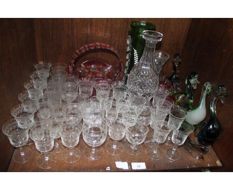 SECTION 35.  A quantity of mixed glass including a Wedgwood fish ornament, four various glass birds, ruby posy basked, Mary G