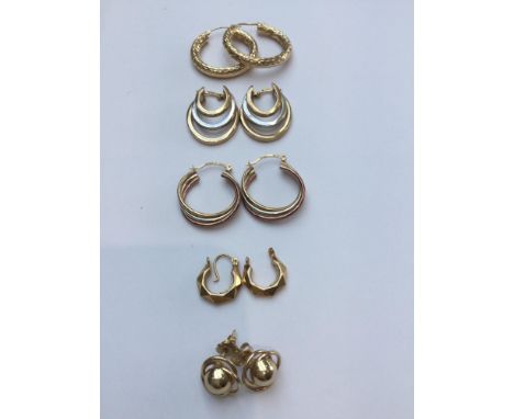 Five pairs of assorted 9ct gold earrings.  Total weight 10.2 grams. Including 4 pairs of hoop style (one broken) and 1 pair o