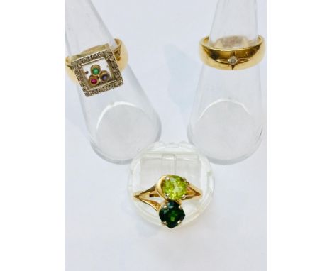 A mixed lot, consisting of 3 x rings. First ring is a 14ct yellow gold square topped diamond ring with three moving gemstones