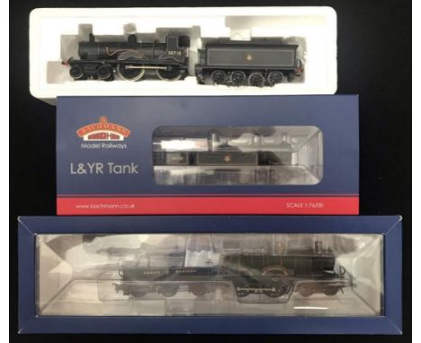 Three Bachmann "OO" gauge locomotives. 31-167DC, L&amp;YR 2-4-2 Tank 50795, BR Black Early Emblem (boxed) &amp; loco and tend