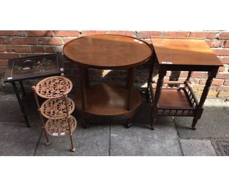 A stained walnut oval two-tier occasional table, Edwardian square walnut two-tier table, oriental ebonised table with bobbin 