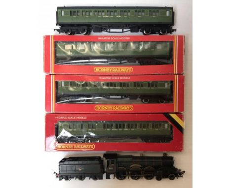 One Hornby "OO" gauge model railway loco &amp; tender "Winchester Castle" 5042 (unboxed) together with four green Southern Ra