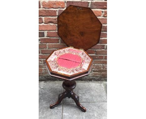 A Victorian walnut and burr walnut ladies work table, the octagonal hinged top enclosing a paper-lined and compartmented inte