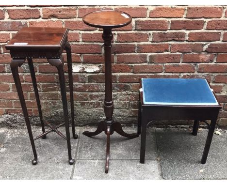An Edwardian stained mahogany tall jardiniere stand of square section, together with a stained mahogany tripod torchere stand