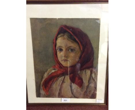 20th Century School.  Head and shoulders portrait of a young girl swearing a red headscarf, signed with monogram 'KP' and dat