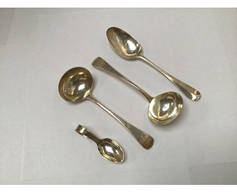 Two Georgian silver sauce ladles by Mary Chawner, together with a Georgian silver table spoon and a caddy spoon by A. J. Bail