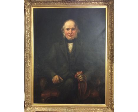 19th Century English School.  Three-quarter length seated portrait of gentleman with grey hair, wearing white shirt, black wa