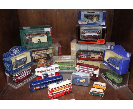 An assortment of model buses, trams, omnibuses and vans (boxed &amp; unboxed) (17) 