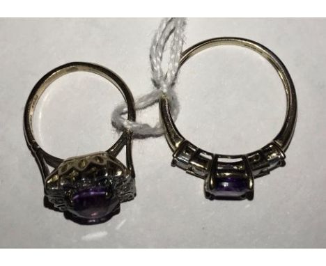 Two 9ct yellow gold dress rings. The oval amethyst is in a square platinum set top with small illusion set diamonds. Ring wei