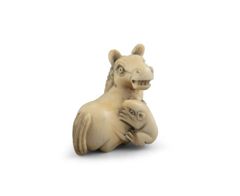 *A SIGNED IVORY 'HORSE AND FROG' KATABORI NETSUKE Japan, 19th century L: 3,3 cm Weight: 12,5 grams  ** Please note that this 