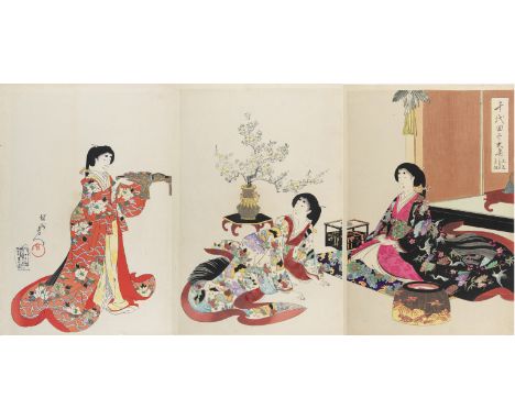 YŌSHŪ (HASHIMOTO) CHIKANOBU 豊原周延 (1838-1912) Chiyoda Castle (Album of Women) A triptych of oban tata e / woodblock prints Dim