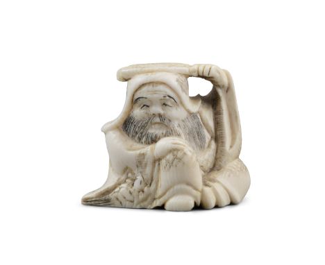 *GYOKUSAN 玉三: AN IVORY 'FUKUROKUJU' KATABORI NETSUKE Japan, 19th century Pierced with two himotoshi. With signature reading G