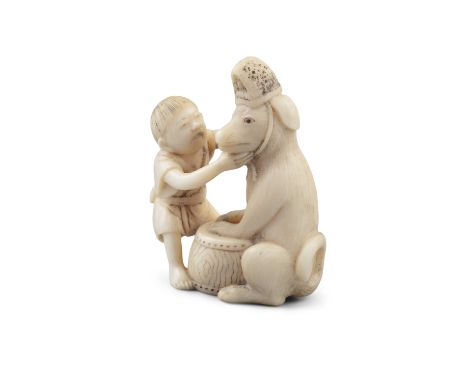 *HOGYOKU法玉: A CHARMING IVORY 'KARAKO AND PUPPY WEARING A HAT' KATABORI NETSUKE Japan, Meiji period Pierced with two himotoshi