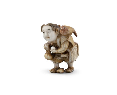 *GYOKUMEI 玉明: AN IVORY 'BOY WITH A PHEASANT' KATABORI NETSUKE Japan, Meiji period Pierced with two himotochi. With signature 