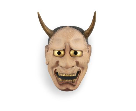 A NOH THEATER MASK OF HANNYA Japan, Showa period A lacquered wooden mask the inner part engraved with a calligraphy and beari