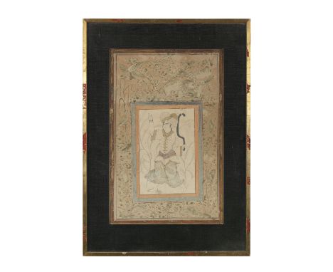 A PAGE ADORNED WITH A MINIATURE DEPICTING A DIGNITARY After the model of the Shah Abbas period Colours on paper Dimensions (t