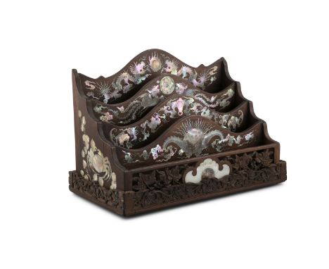 *A MOTHER-OF-PEARL INLAYS 'FOUR BENEVOLENT ANIMALS' DESK LETTER ORGANIZER Vietnam, Tonkin, Nam Dinh, Nguyen Dynasty H: 22,5 c