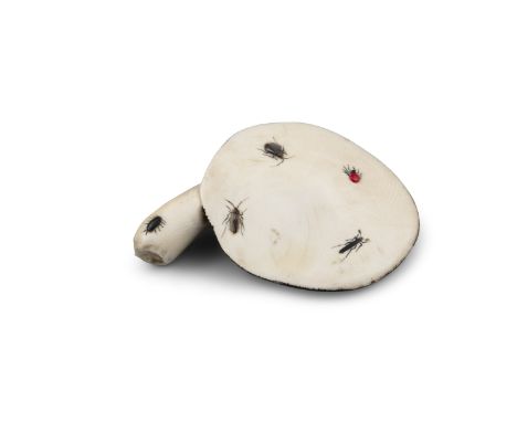 *A SIGNED SHIBAYAMA INLAYS IVORY 'SHIMEJI MUSHROOM AND INSECTS' KATABORI NETSUKE Japan, 19th century Naturalistically carved 