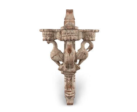 A POSSIBLY GOA 'PELICAN' POLYCHROMED WOODEN THREE-ARM WALL LIGHT India, possibly Goa, In the style of the 17th century produc