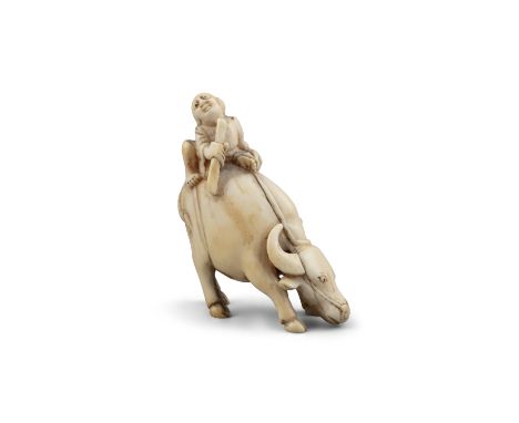 *AN IVORY 'COWHERD AND OX' KATABORI NETSUKE Japan, 19th century H: 4,9 cm Weight: 12,5 grams  Provenance: From a distinguishe