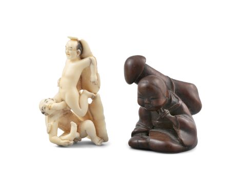 *SHUNGA - TOMOKOTO 友言: AN IVORY 'TWO MEN' KATABORI NETSUKE Japan, Meiji to Taisho period The two men are depicting while havi