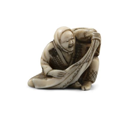 *HOSHUNSAI MASAYUKI 正之: AN IVORY 'MAN WITH A POUCH' KATABORI NETSUKE Asakusa, Edo, Late 19th century Pierced with two himotos